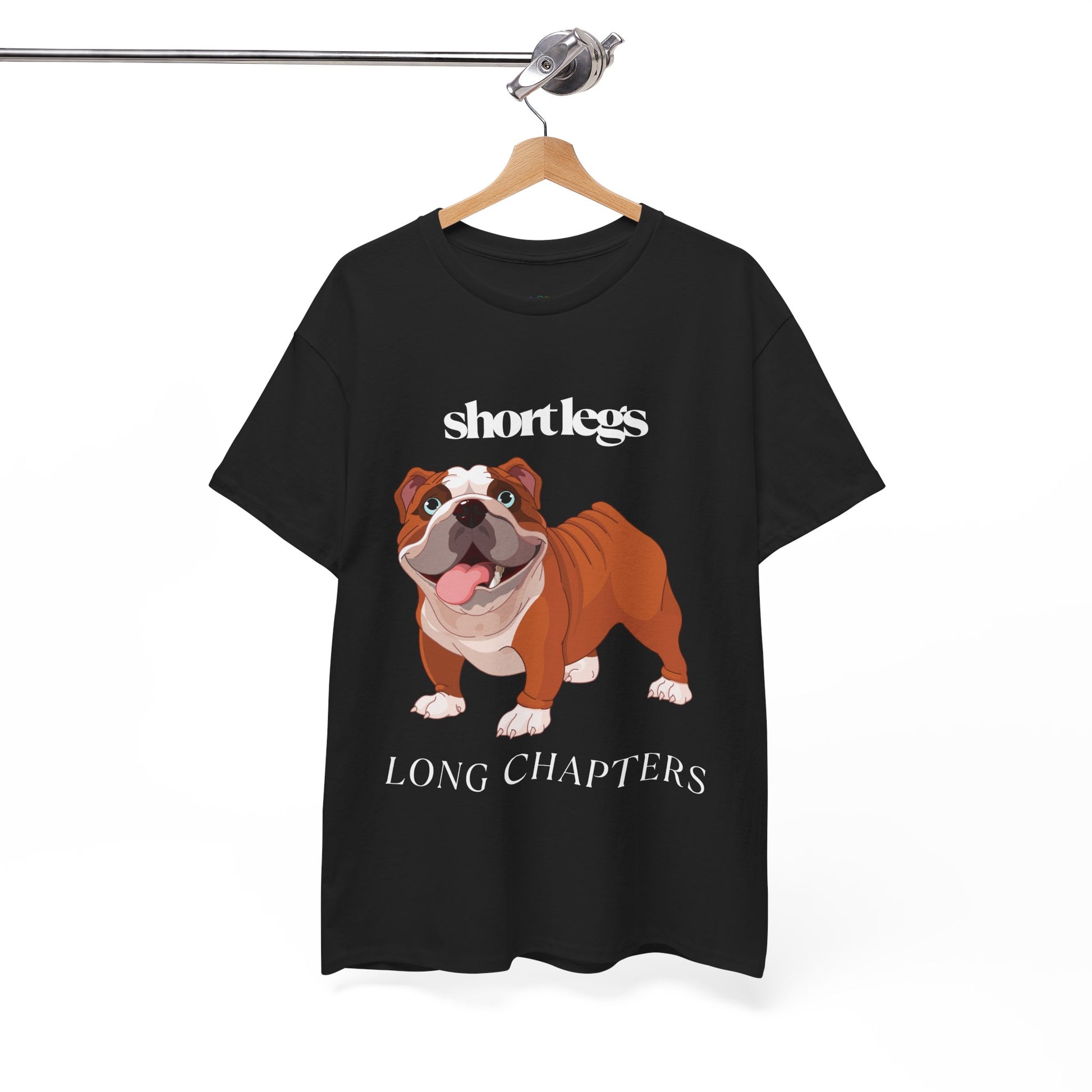 Black t-shirt with a happy bulldog and text 'Short Lets, Long Chapters'