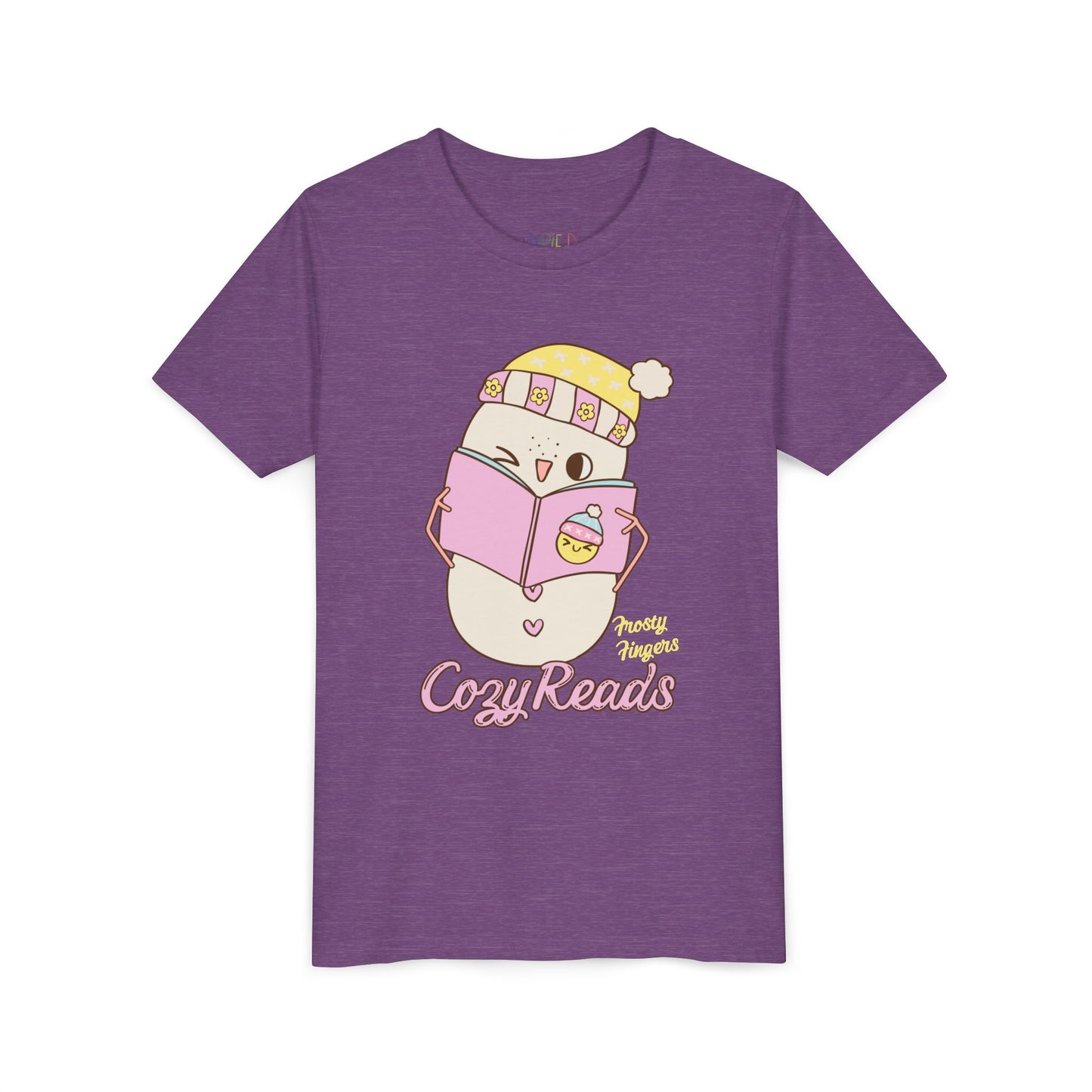Purple t-shirt with a snowman reading a book and 'Frosty Fingers - Cozy Reads' text on a white background