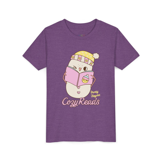 Purple t-shirt with a snowman reading a book and 'Frosty Fingers - Cozy Reads' text on a white background