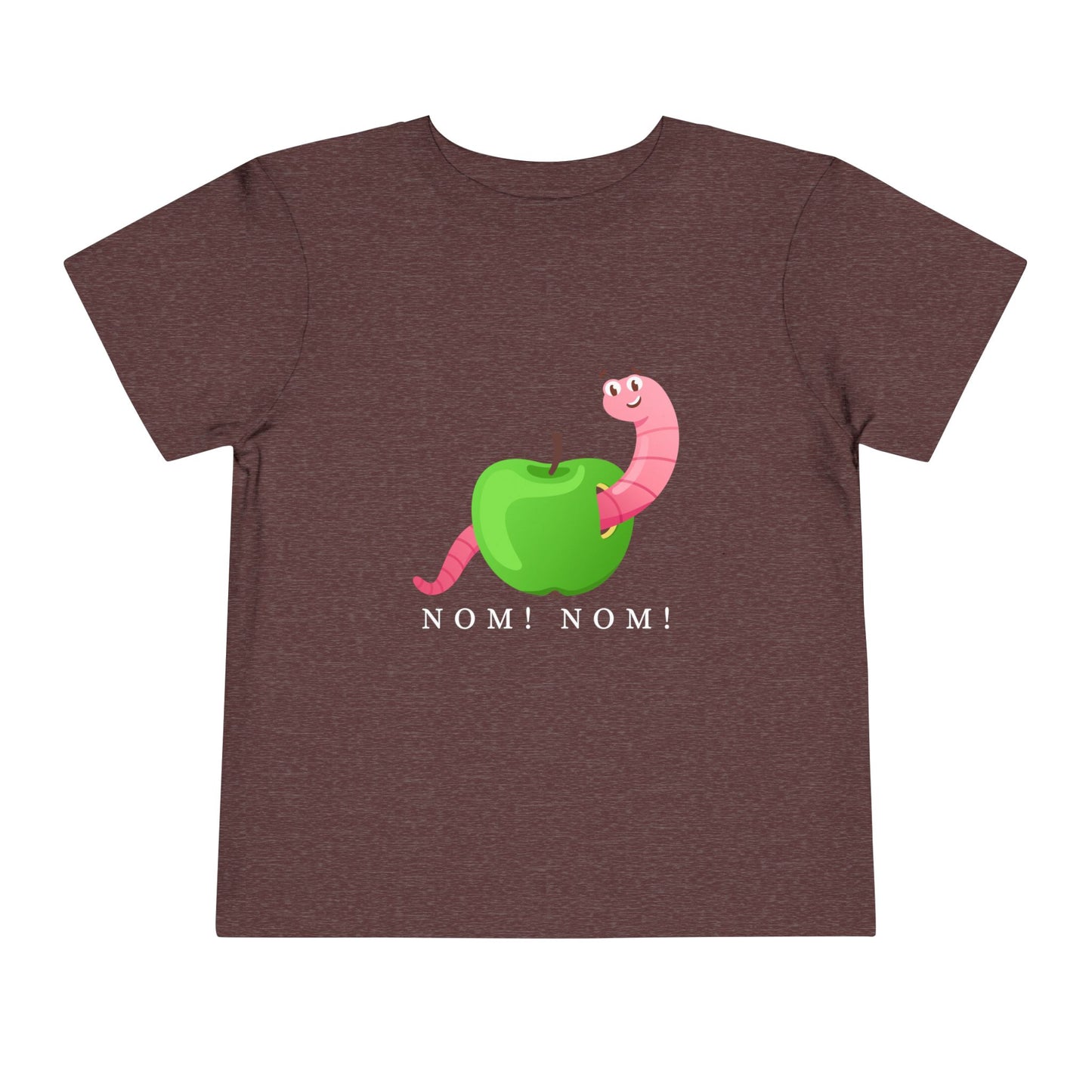 Maroon toddler t-shirt with a green apple and pink worm graphic and 'NOM! NOM!' text 