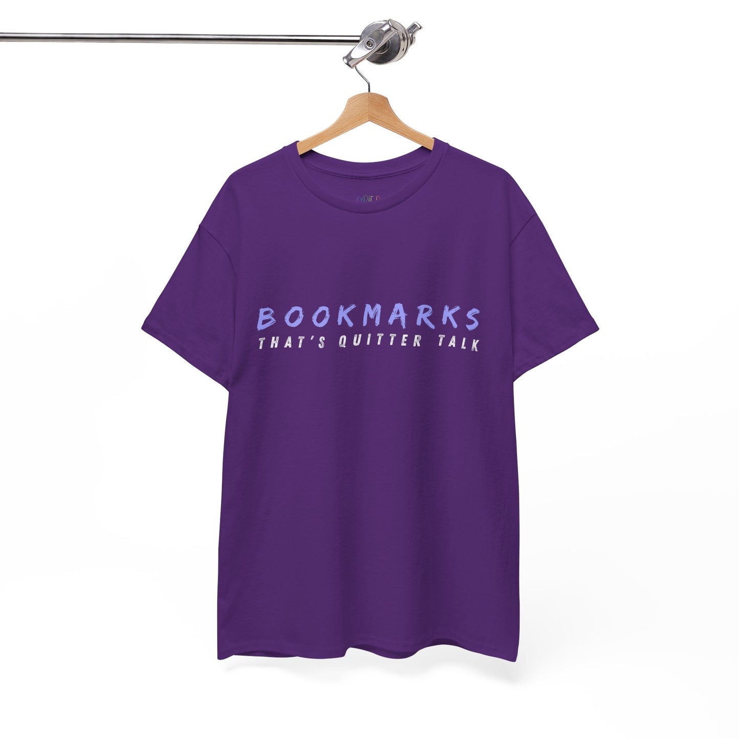 Purple t-shirt with 'BOOKMARKS THAT'S QUITTER TALK' text 