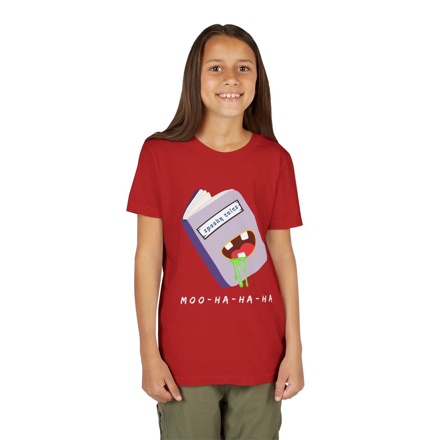 Girl wearing a red t-shirt with a graphic design of a book titled 'Spooky Tales' and a green drooling mouth on the cover, text 'Moo-Ha-Ha-Ha' at the bottom