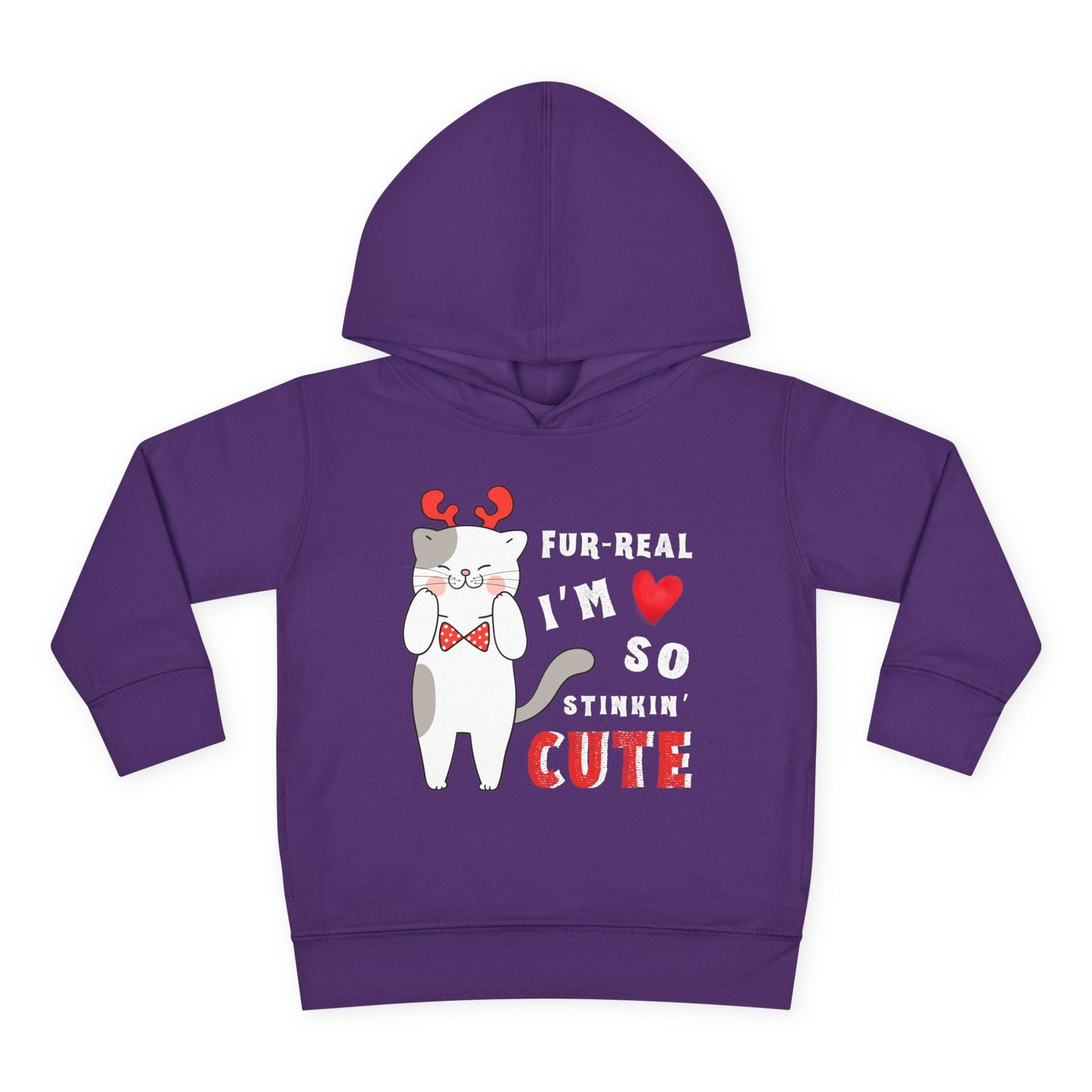 Purple toddler hoodie with a gray and white cat wearing red reindeer antlers and a bow tie, text 'FUR-REAL I'M SO STINKIN' CUTE' 