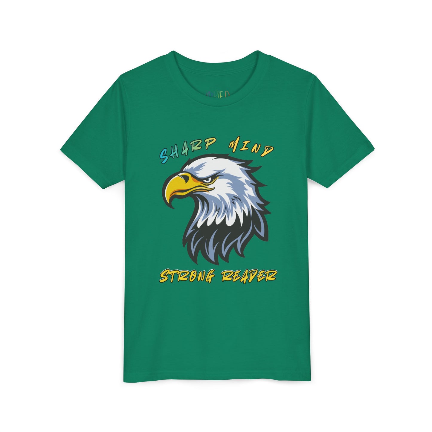 Green t-shirt with an eagle graphic and colorful text 'Sharp Mind Strong Reader'