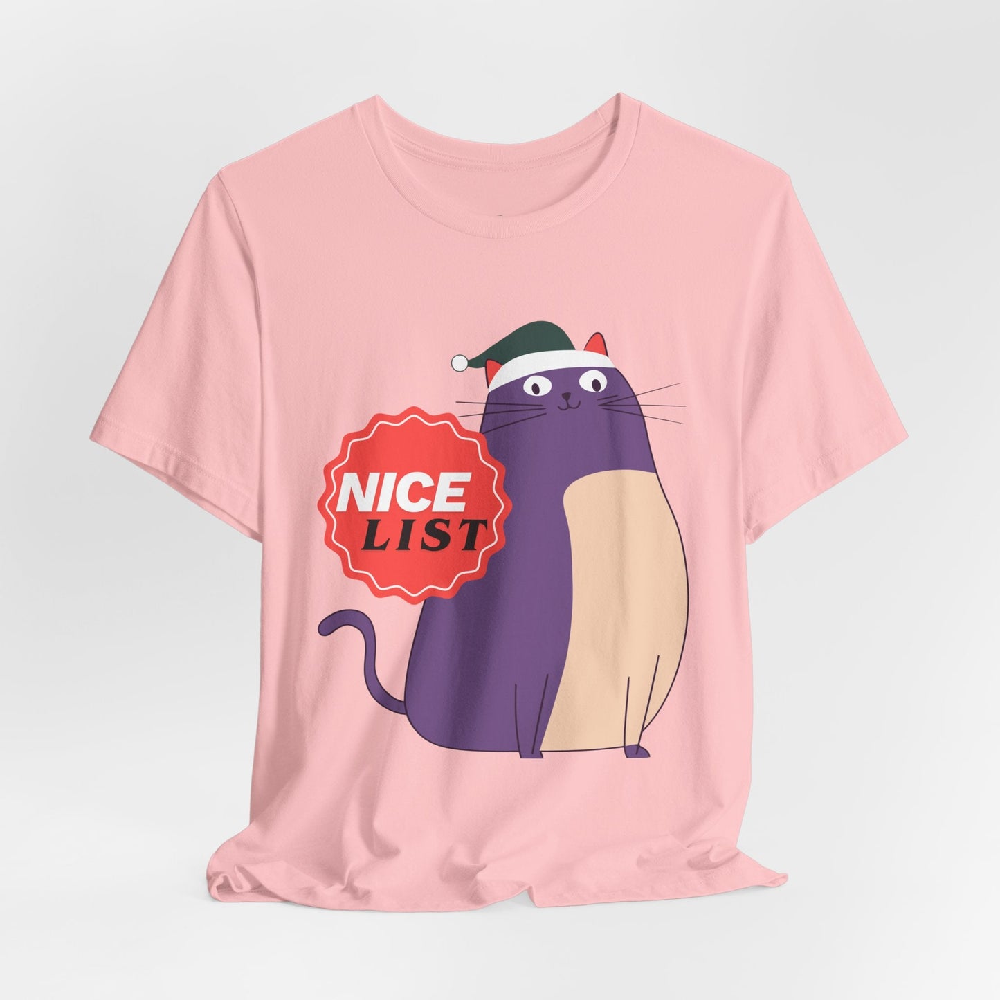Teen/Adult Unisex Nice List T-Shirt â€“ Cute Purple Cat Christmas Design Printify