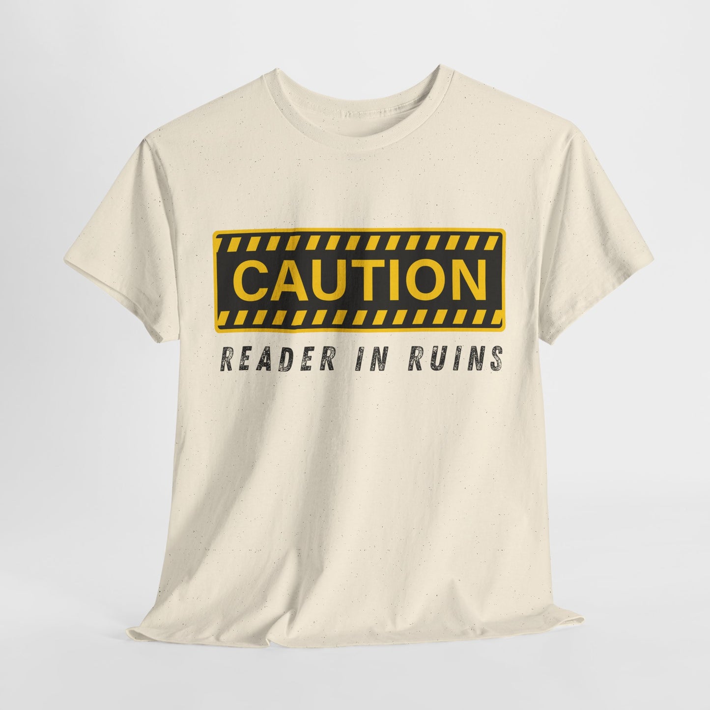 Teen/Adult Unisex Tee – CAUTION: Reader in Ruins (Yellow Caution)