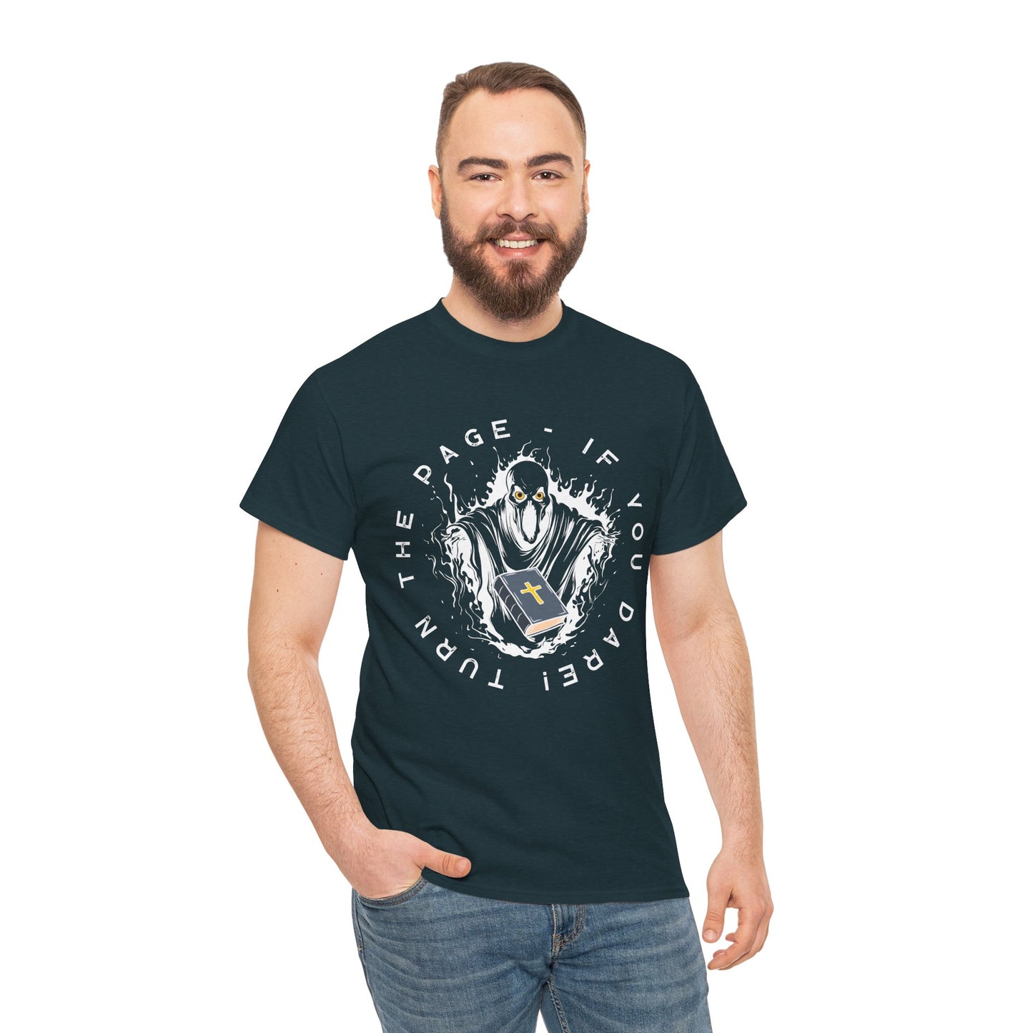 Man wearing a midnight t-shirt with graphic design of a spirit with a religious book and text 'Turn The Page - If You Dare!' 