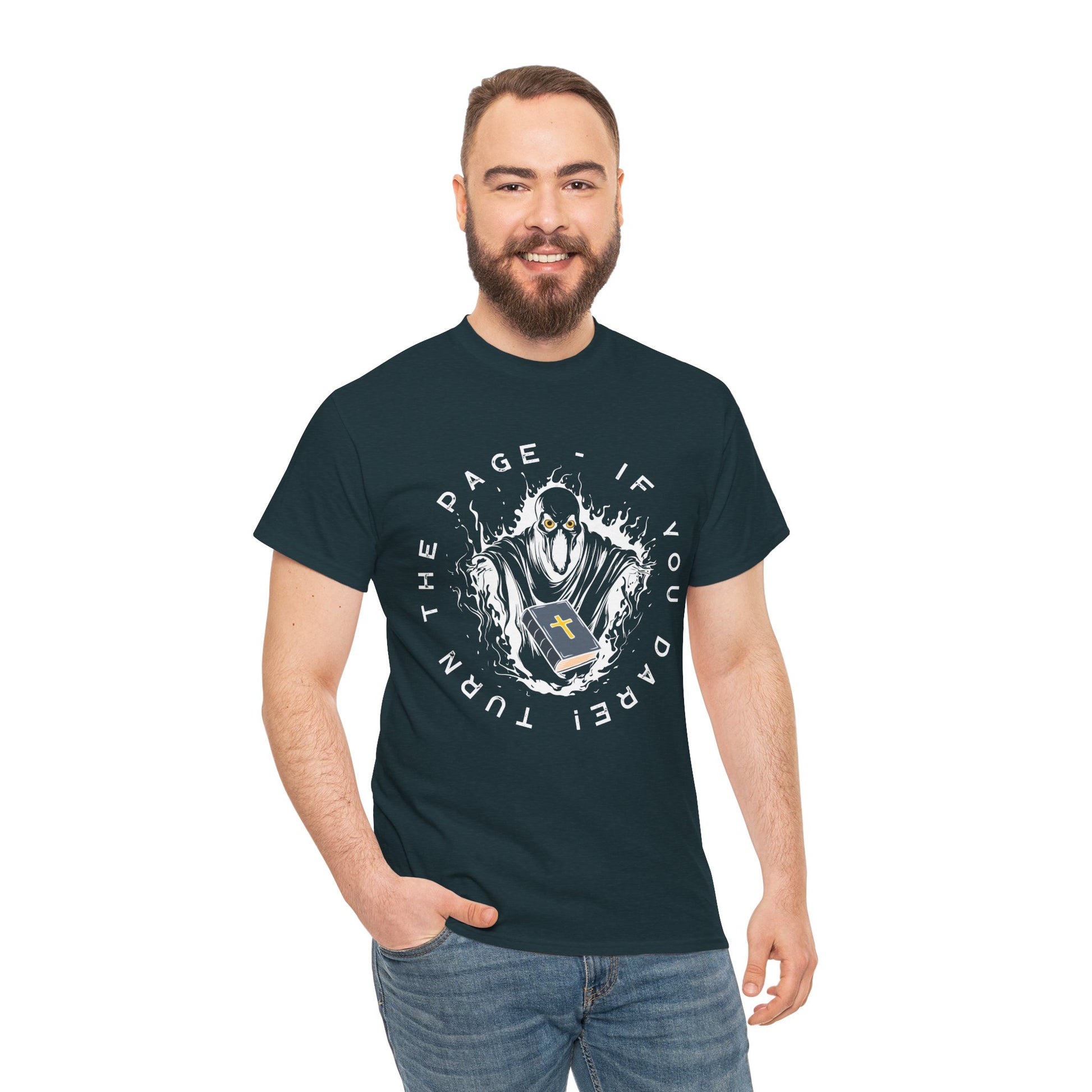 Man wearing a midnight t-shirt with graphic design of a spirit with a religious book and text 'Turn The Page - If You Dare!' 