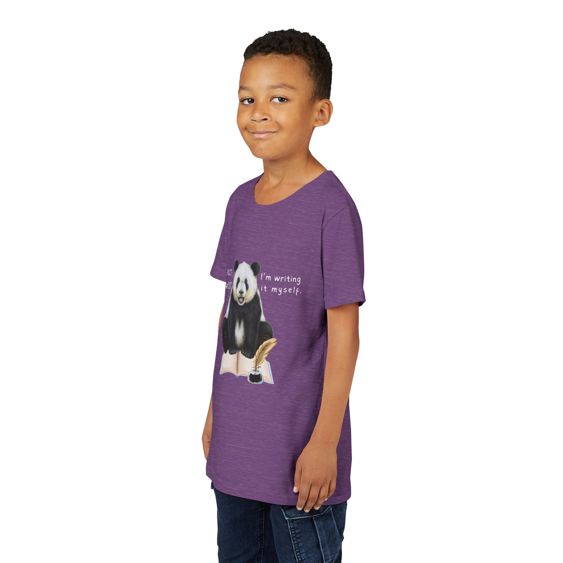 Boy wearing a light purple t-shirt with a panda graphic and text 'Plot Twist I'm Writing It Myself'