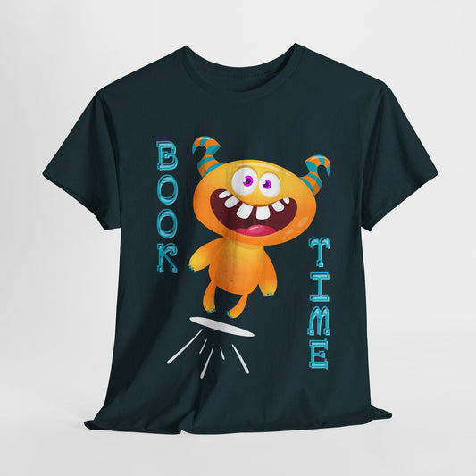 Teen/Adult Unisex “Book Time” Tee – Playful Yellow Monster Reader Shirt for Book Lovers