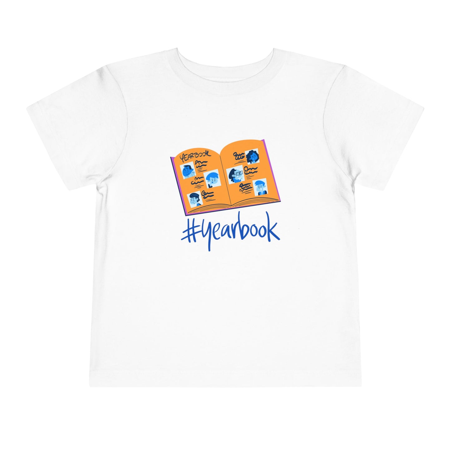 White t-shirt with an open yearbook and '#yearbook' text