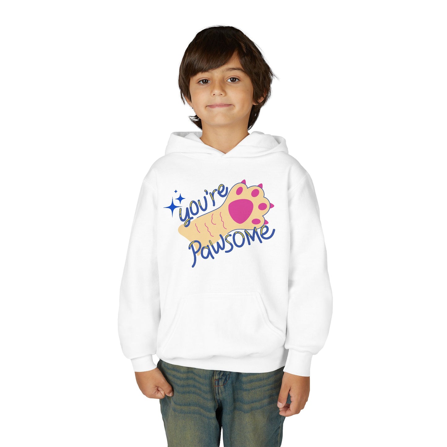 Boy wearing a white hoodie with paw print and sparkling text 'You're Pawsome'