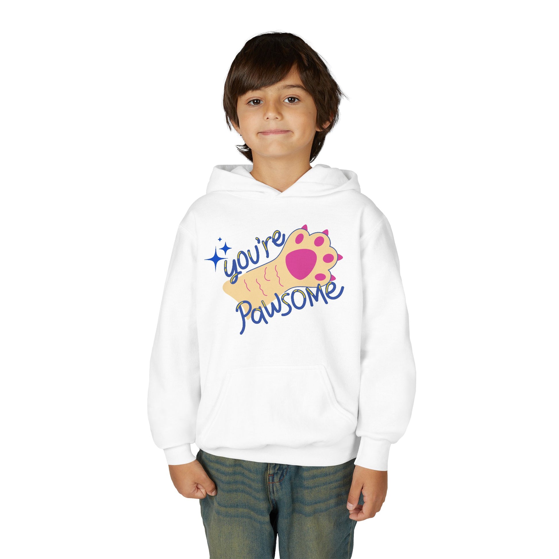 Boy wearing a white hoodie with paw print and sparkling text 'You're Pawsome'