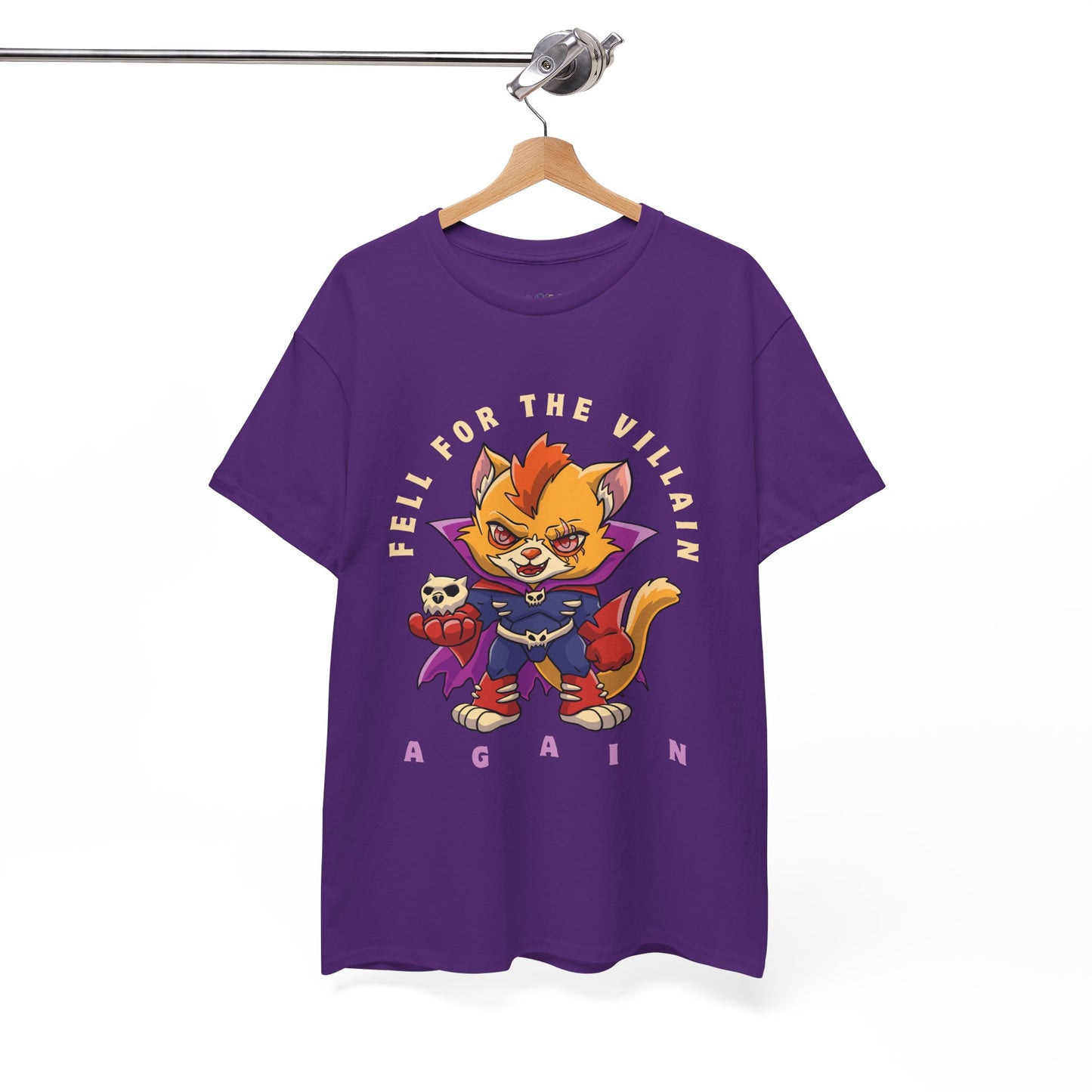 Purple t-shirt with a cartoon cat villain and text 'Fell For the Villain AGAIN'