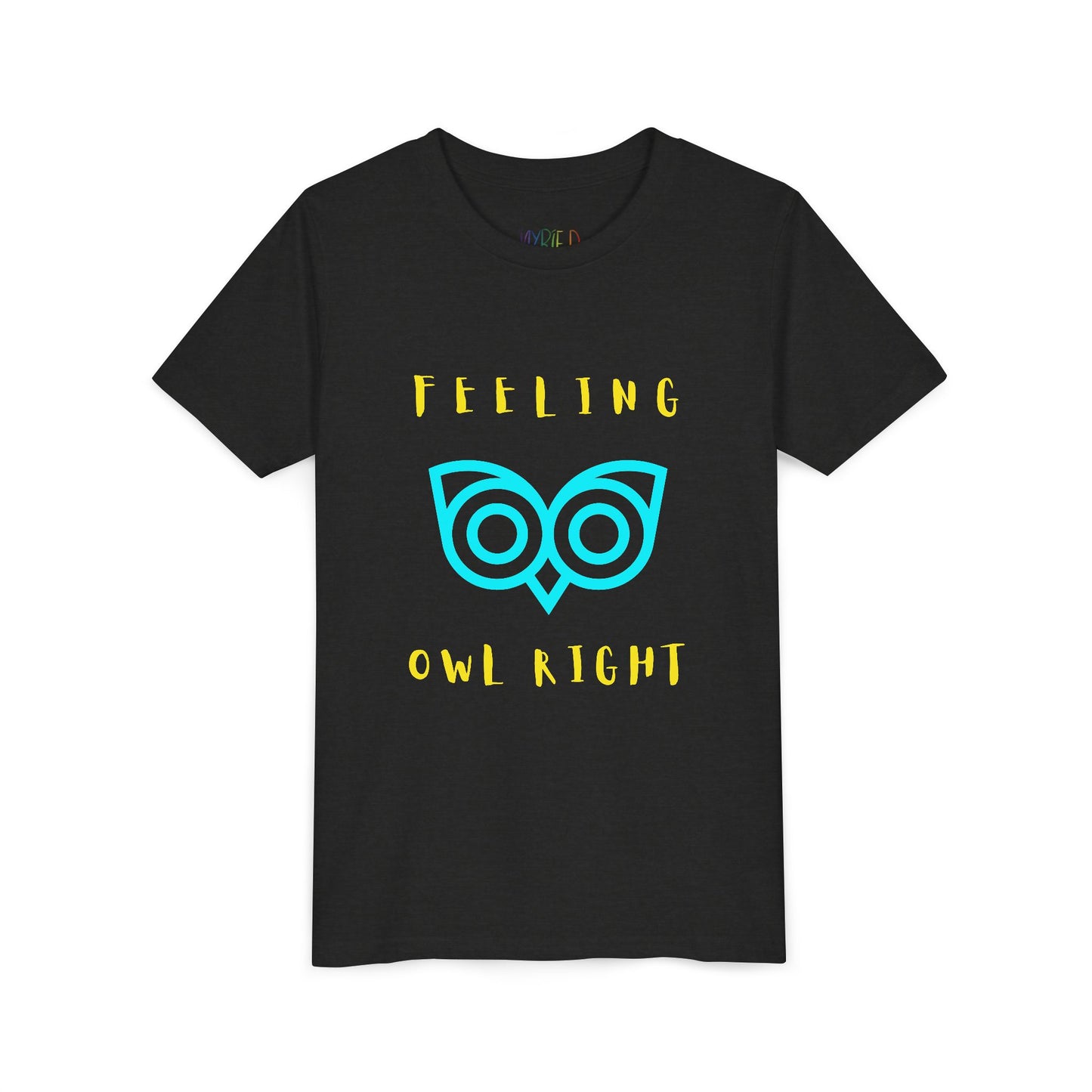 Black t-shirt with yellow text and blue owl graphic 'Feeling Owl Right'