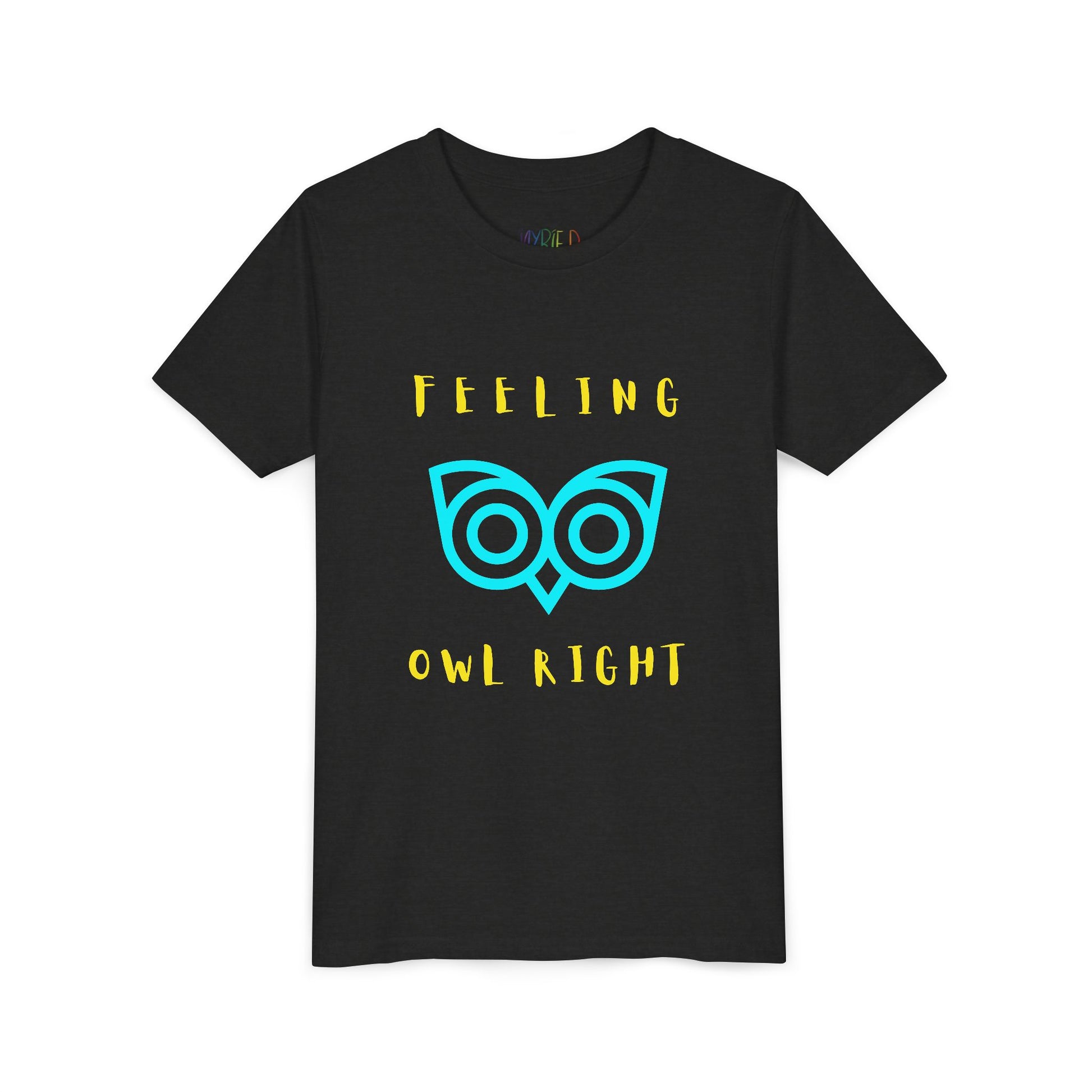Black t-shirt with yellow text and blue owl graphic 'Feeling Owl Right'