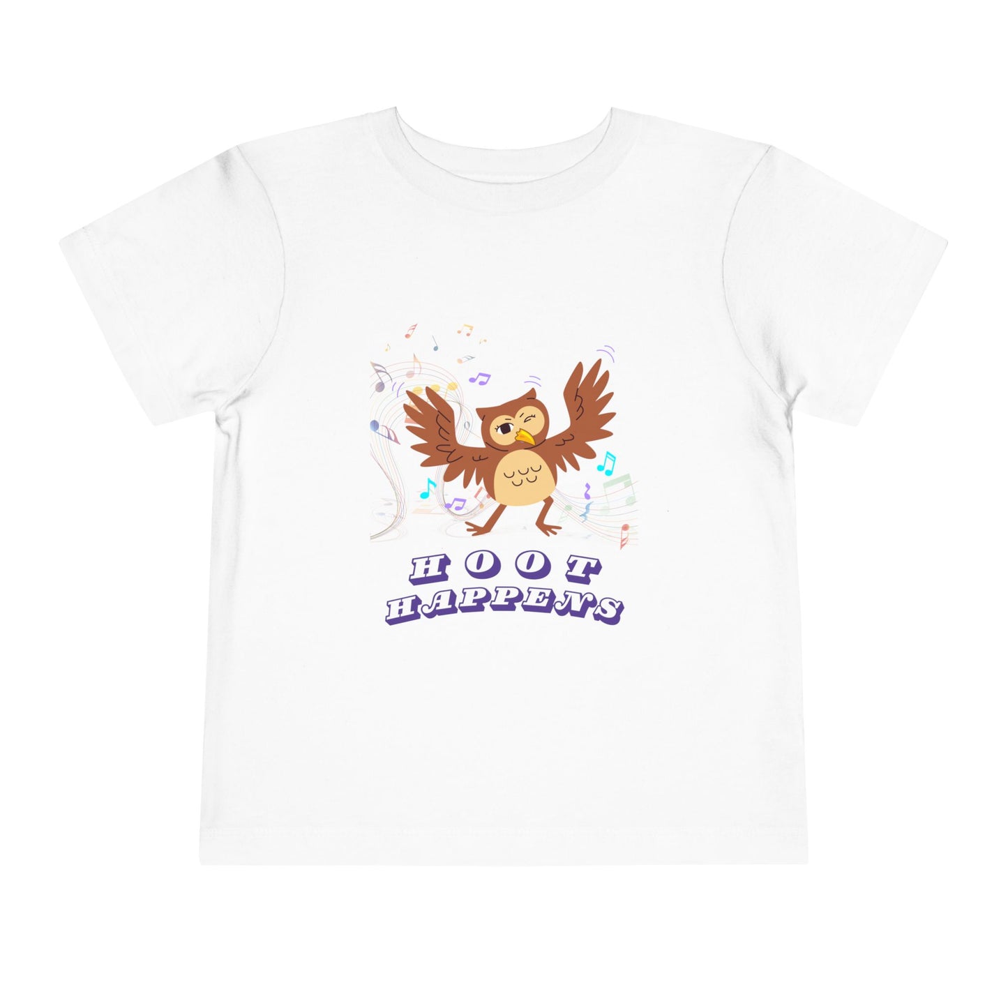 White toddler t-shirt with a colorful music notes and a dancing owl, 'Hoot happens' text 