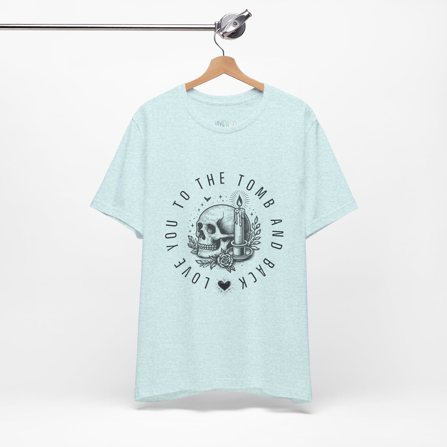 Icy blue gothic t-shirt with a skull and candle graphic design circled by text 'Love You To The Tomb And Back'