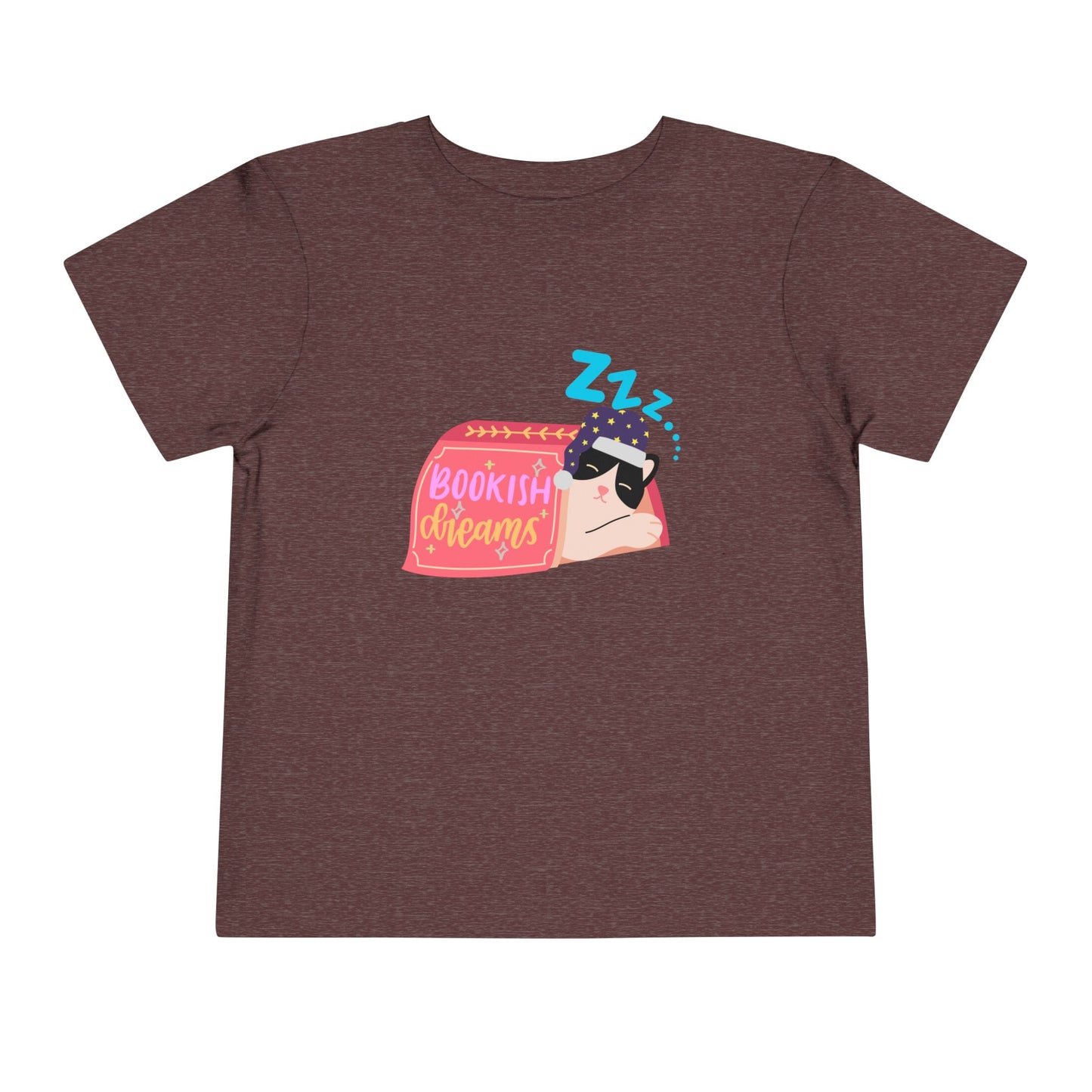 Maroon toddler t-shirt with a snoozing cat in a night cap, under a book and text 'Bookish Dreams' 
