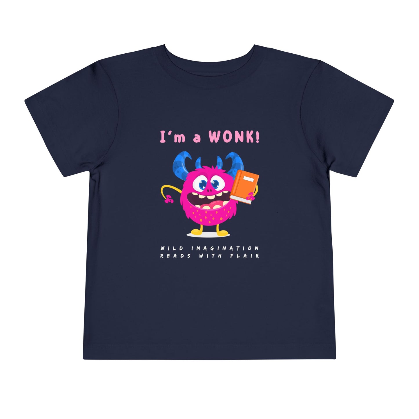 Navy toddler personality t-shirt with a cartoon monster holding a book, proudly proclaiming 'I'm a WONK!' Sub-text 'Wild Imagination, Reads With Flair' on a white background