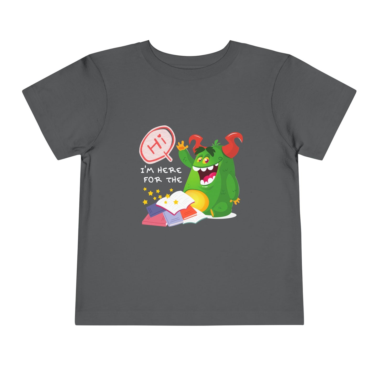 Gray toddler t-shirt with a waiving green monster and text 'Hi, I'm here for the' and then a pile of books