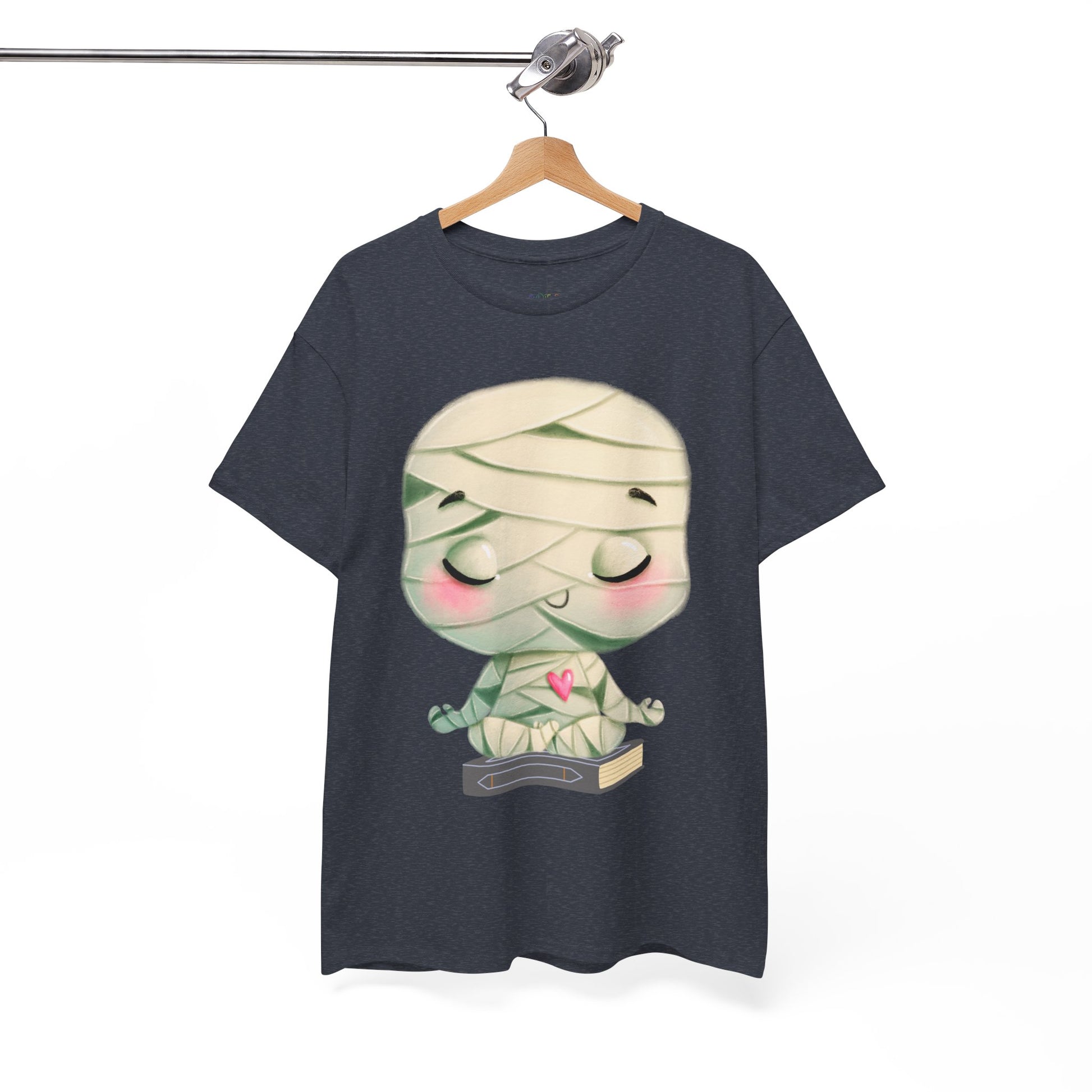 Heather navy t-shirt with a cartoon mummy in a meditation pose, sitting on a book