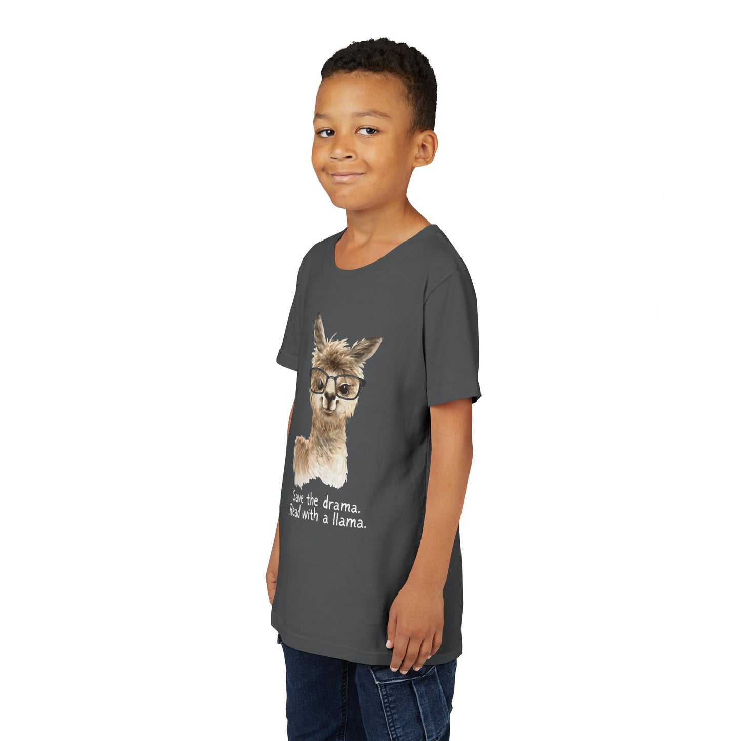 Boy wearing a gray t-shirt with an eyeglass wearing llama and text 'Save the drama. Read with a llama.'