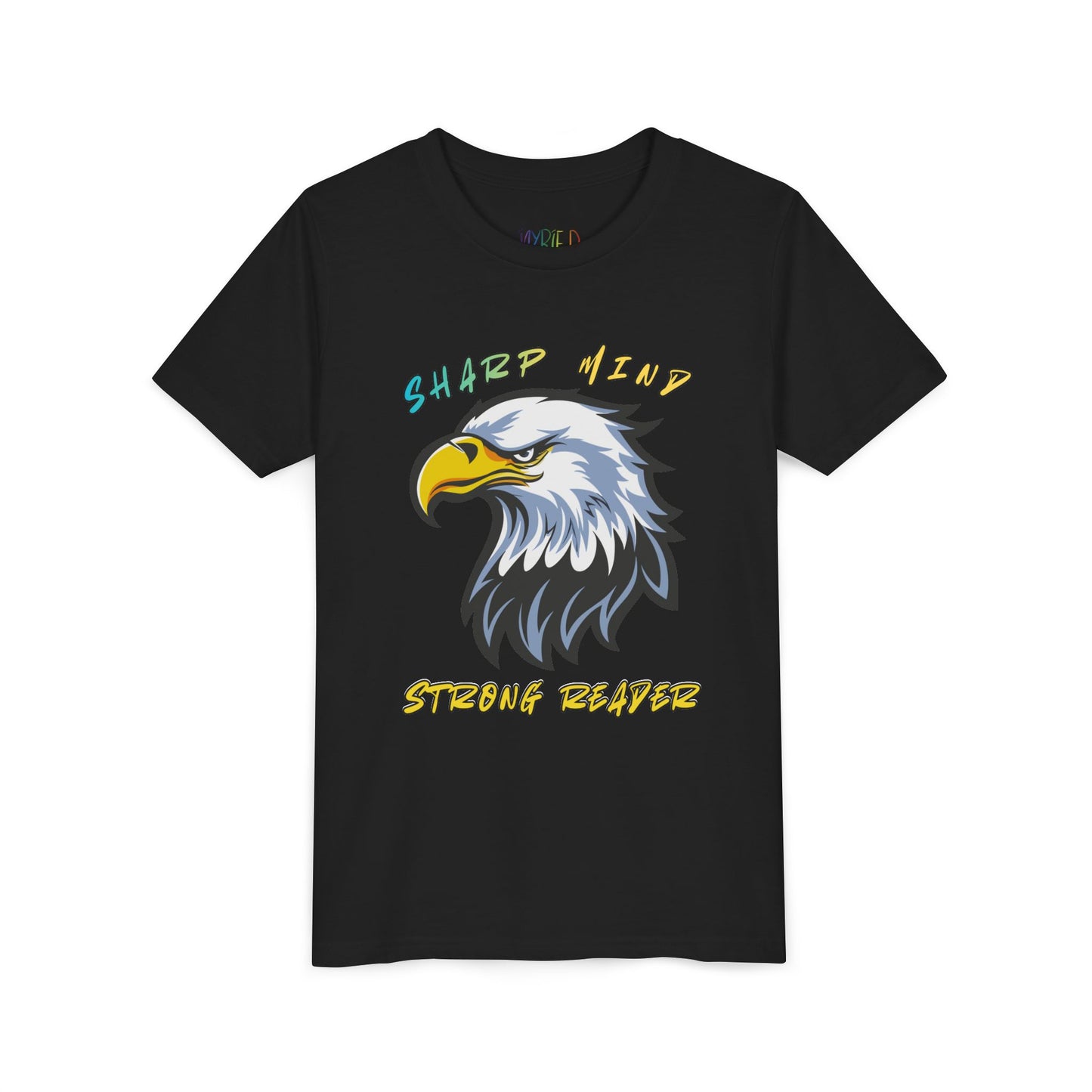 Black t-shirt with an eagle graphic and colorful text 'Sharp Mind Strong Reader'