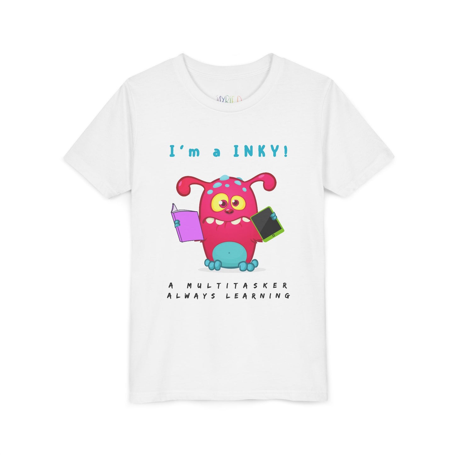 White t-shirt with a colorful cartoon monster holding a book and an ipad, with text 'I'm a INKY!'