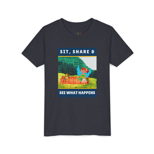 Youth Sit, Share & See What Happens Tee – Wholesome T-Shirt for Kind-Hearted Kids, Nature Lovers & Budding Friends