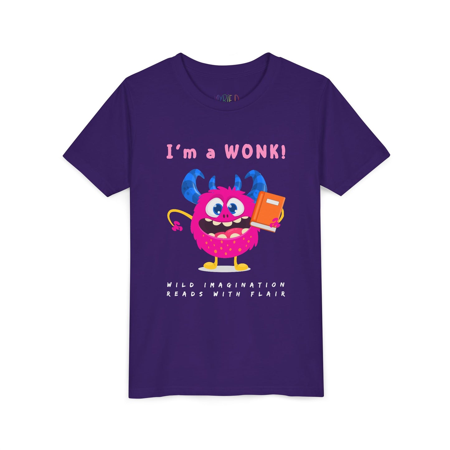Purple personality t-shirt with a colorful pink monster graphic holding a book and proudly stating 'I'm a WONK!'