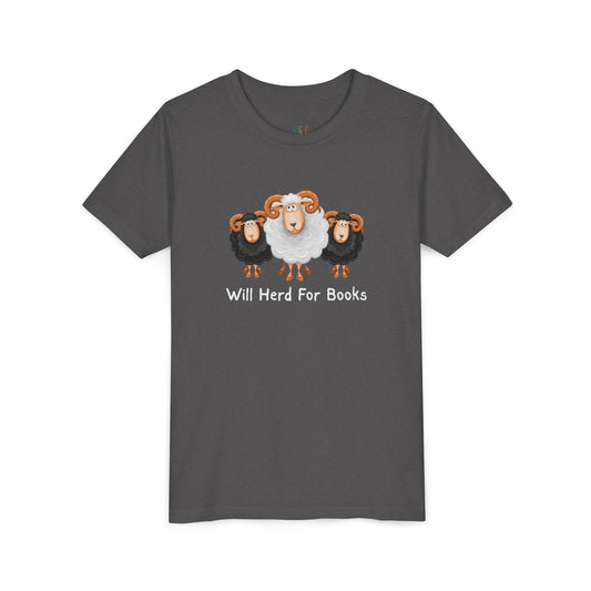 Youth Will Herd for Books T-Shirt – Funny Sheep Tee for Young Book Wranglers