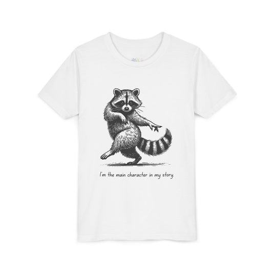 White t-shirt with a dancing raccoon and text 'I'm the main character in my story'