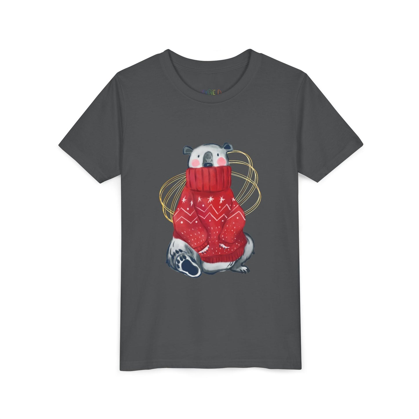 Youth Cozy Holiday Bear T-Shirt â€“ Winter Sweater Design Printify