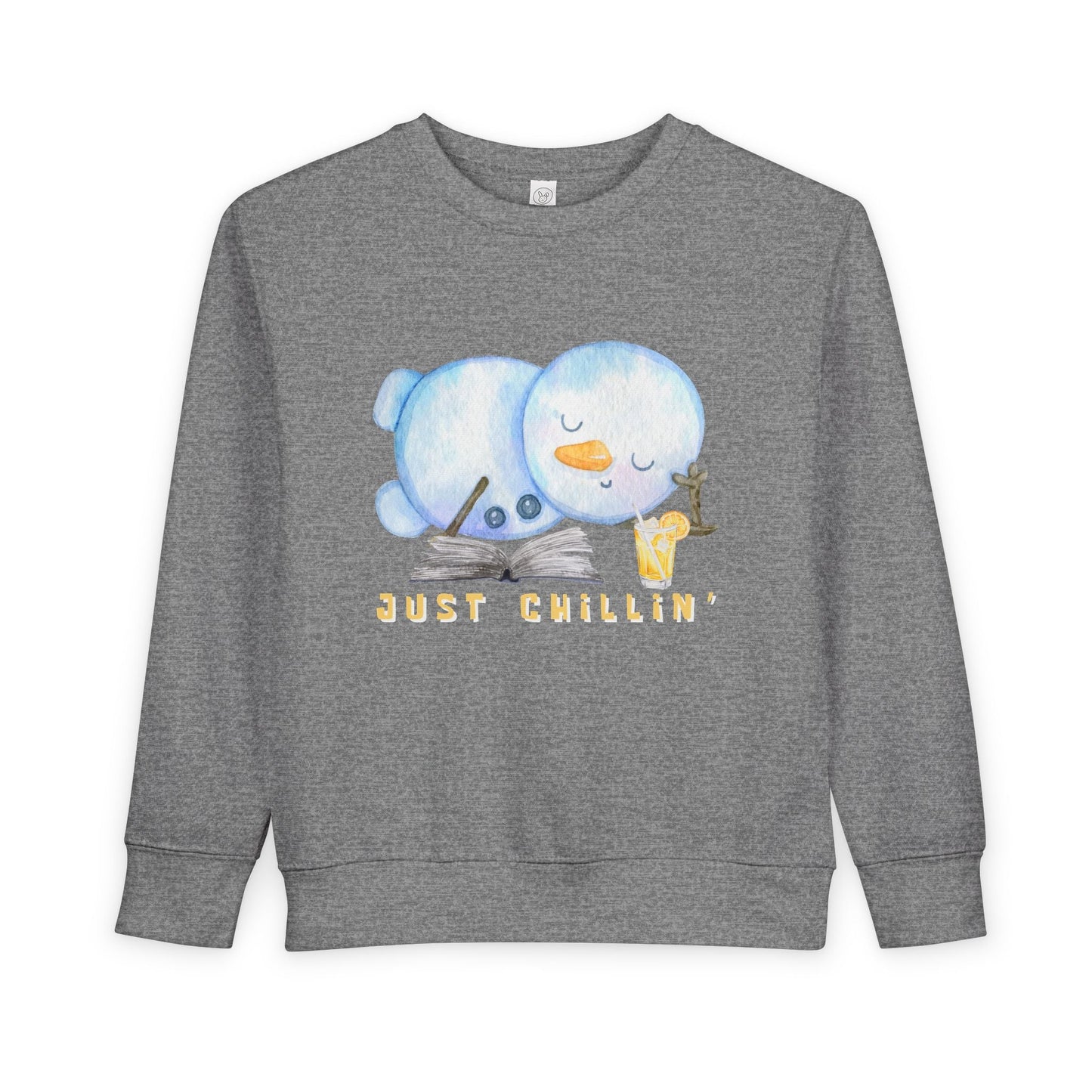 Gray toddler sweatshirt with cartoon snowman sipping an iced beverage while reading a book, and 'Just Chillin' text on a white background