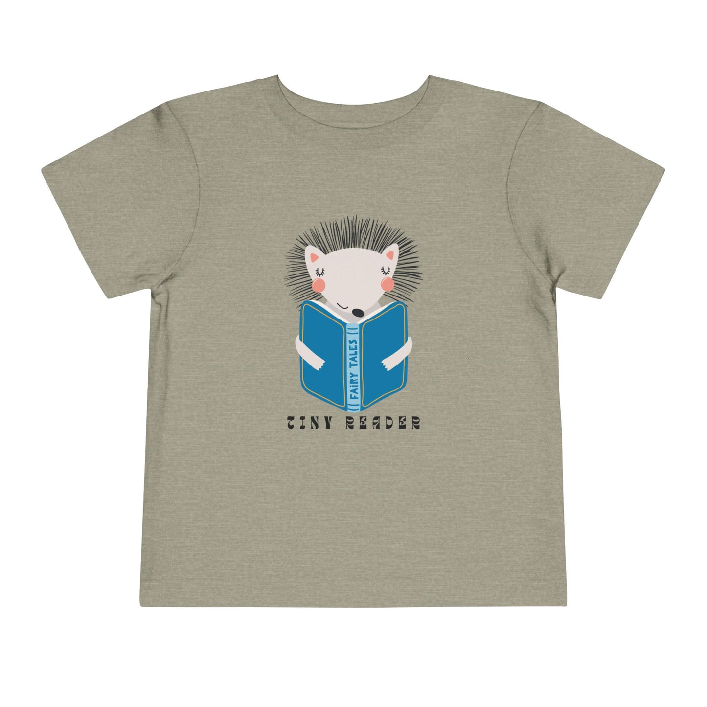 Brown t-shirt with a hedgehog reading a book graphic and 'Tiny Reader' text