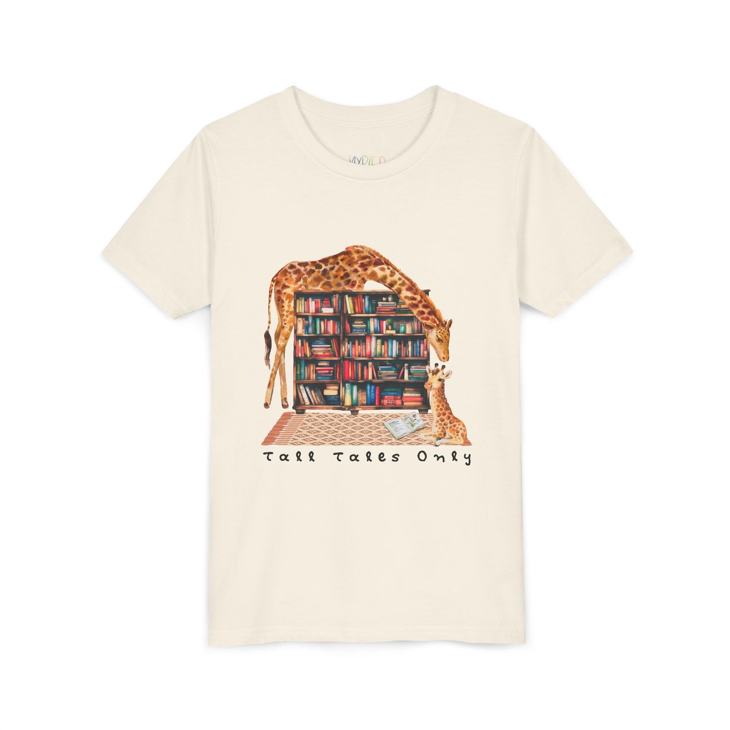 Beige t-shirt with a graphic of giraffes in a library and 'Talk Tales Only' text 
