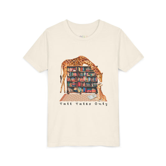 Beige t-shirt with a graphic of giraffes in a library and 'Talk Tales Only' text 