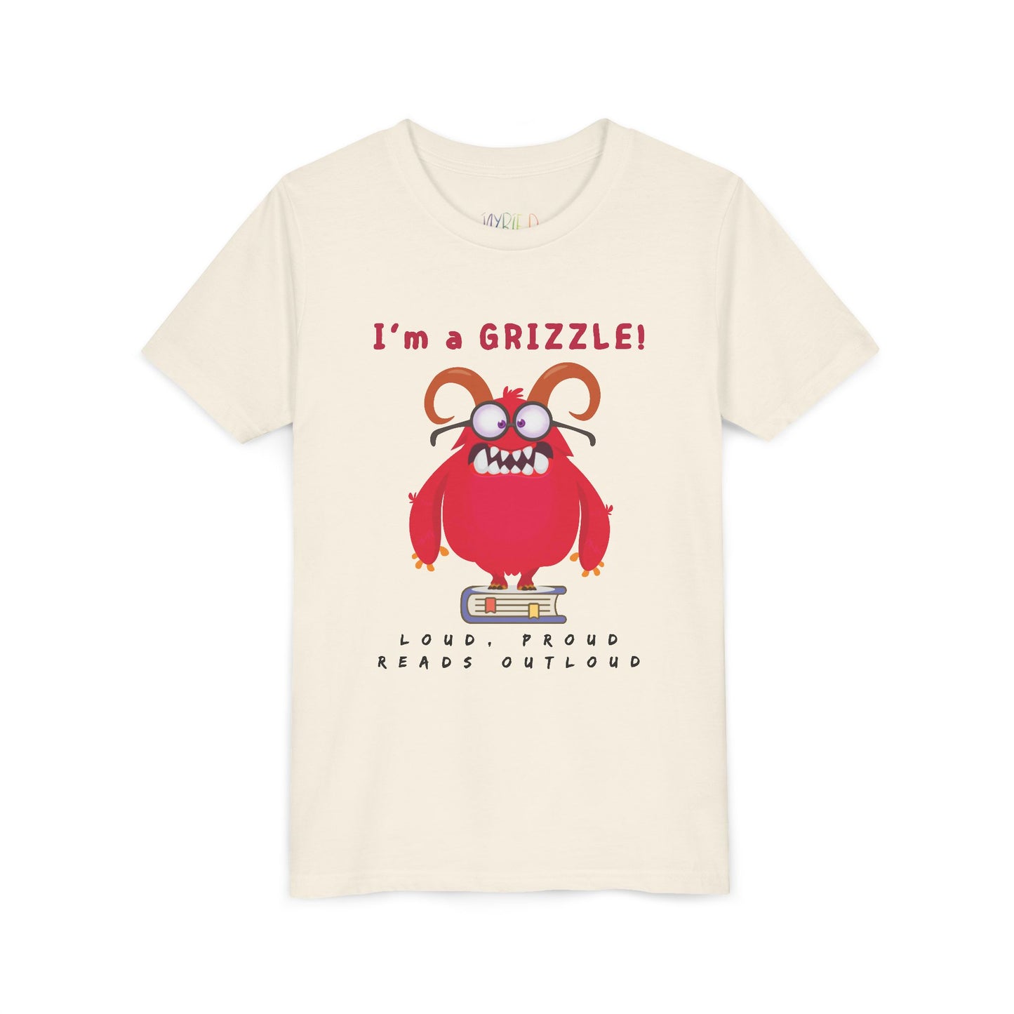 Beige personality t-shirt with a red eye glass wearing monster standing on a book and announcing 'I'm a GRIZZLE!'
