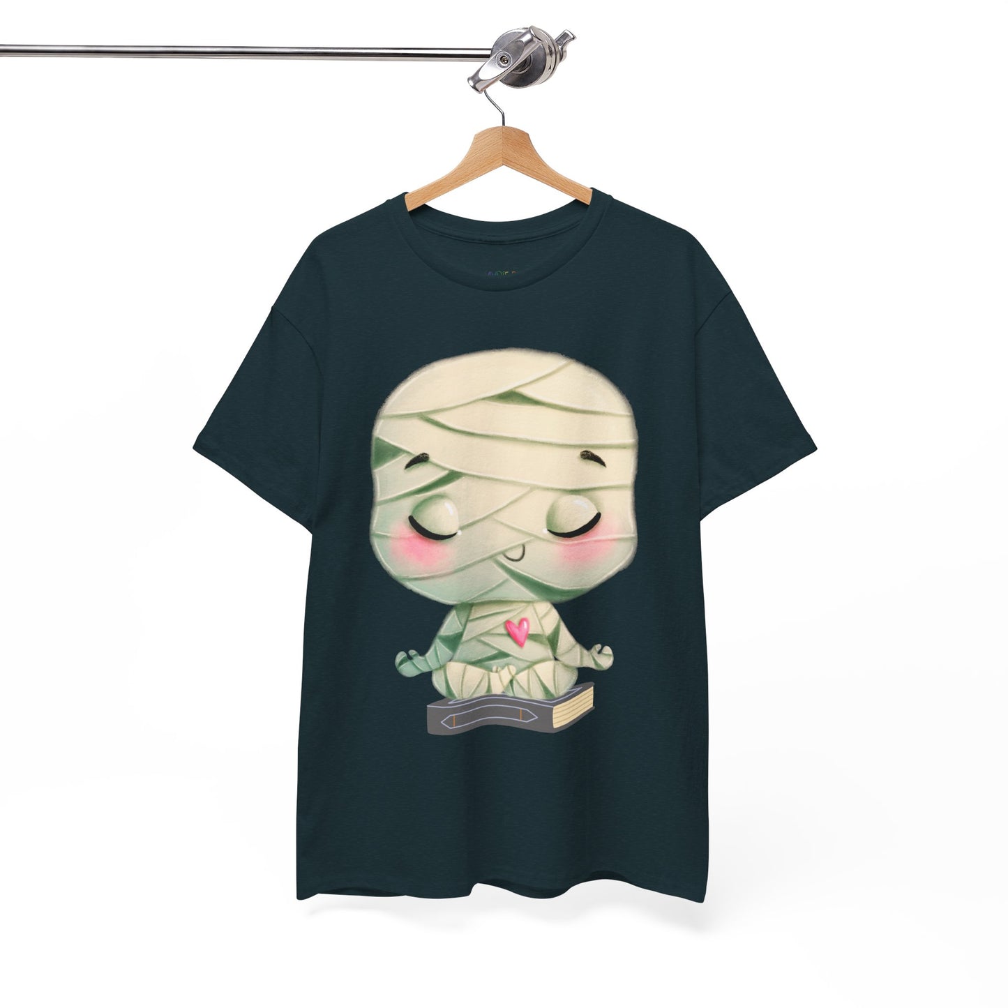 Midnight t-shirt with a cartoon mummy in a meditation pose, sitting on a book