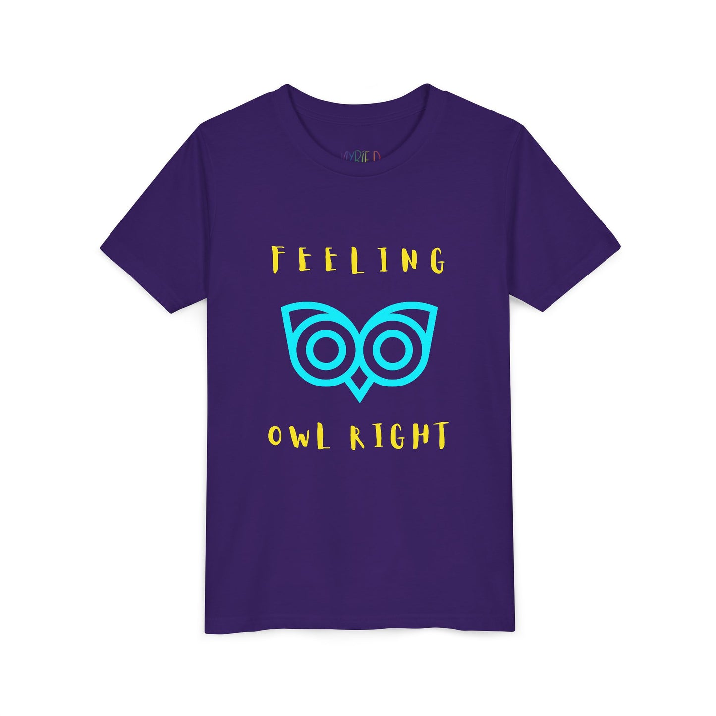 Purple t-shirt with yellow text and blue owl graphic 'Feeling Owl Right'