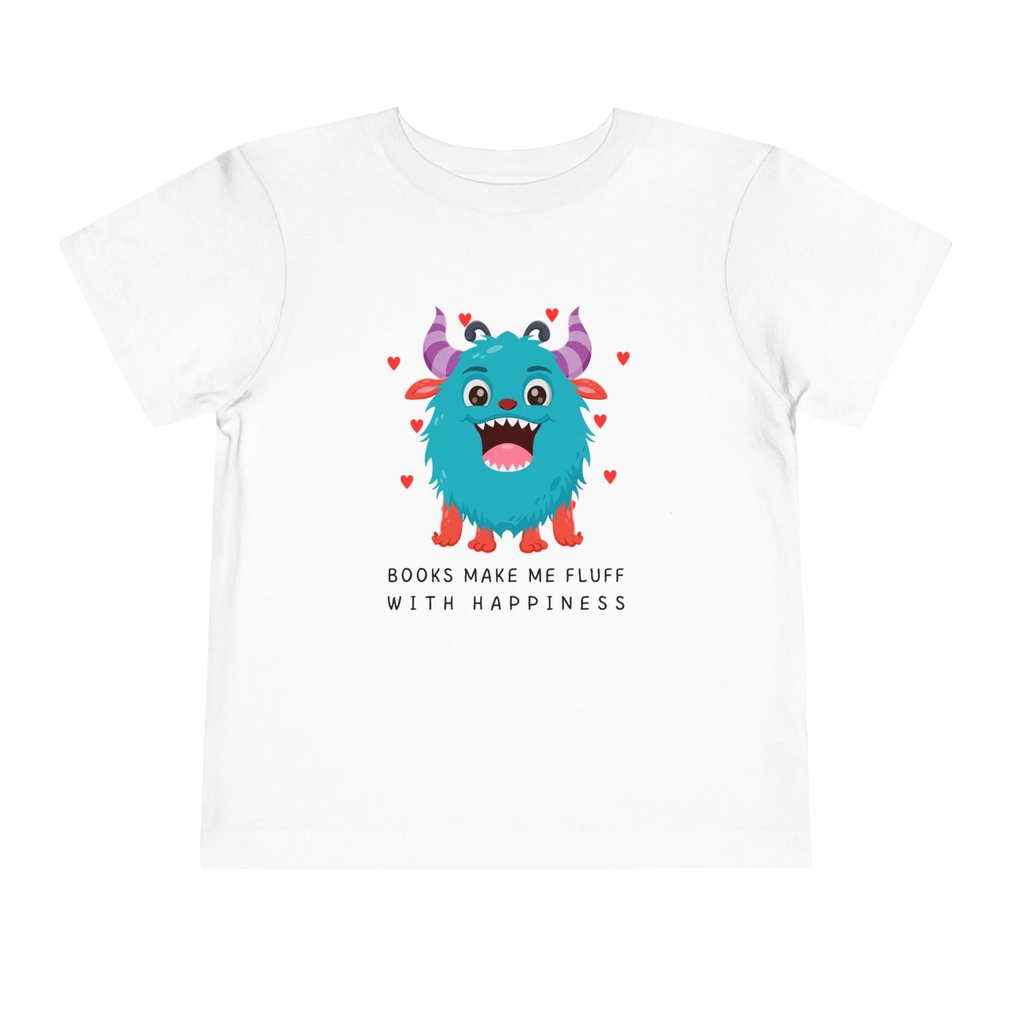 White toddler t-shirt with a fluffy blue monster graphic, floating hearts and text 'Books Make Me Fluff With Happiness' on a white background