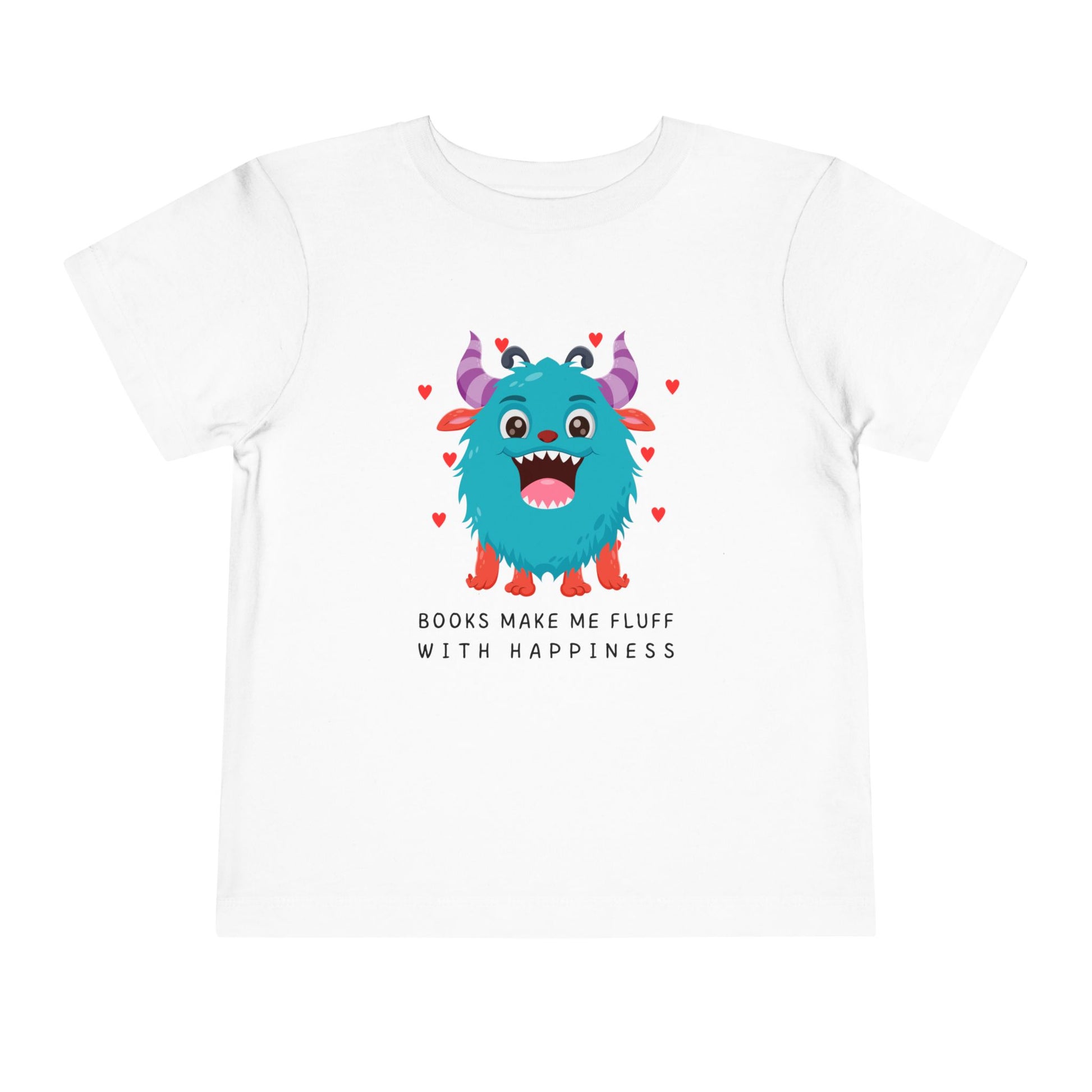 White toddler t-shirt with a fluffy blue monster graphic, floating hearts and text 'Books Make Me Fluff With Happiness' on a white background
