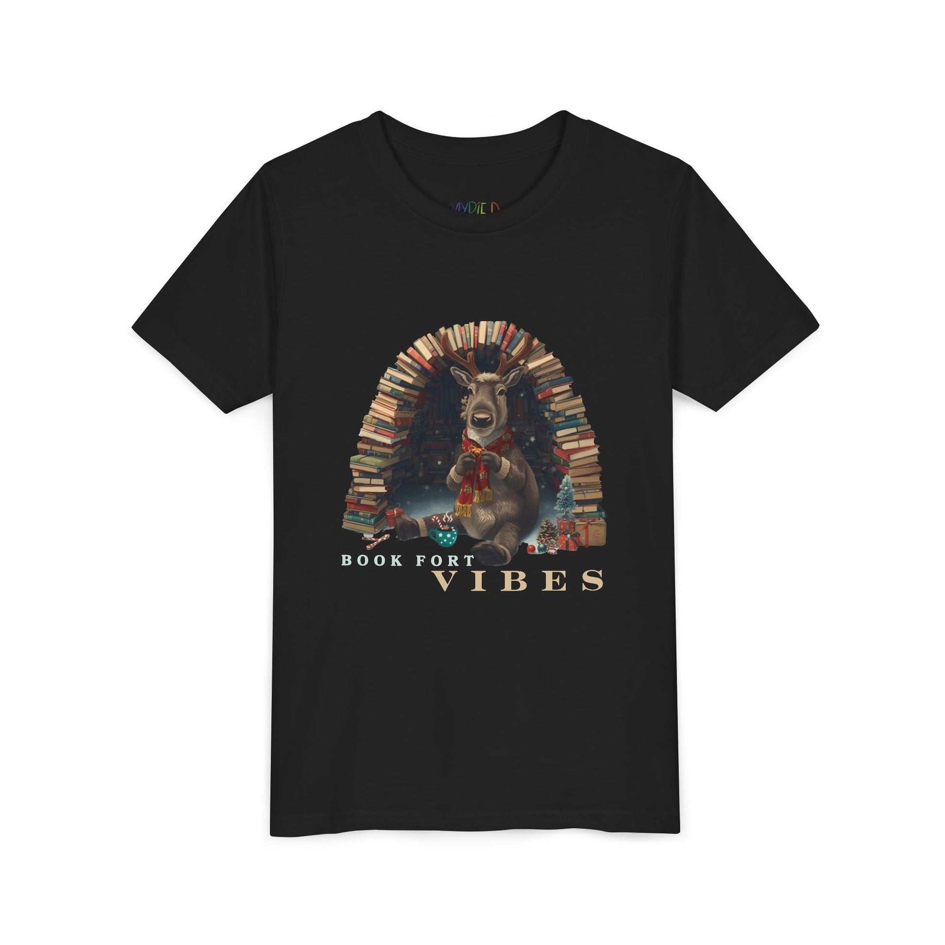 Youth Book Fort Vibes T-Shirt â€“ Reindeer Reading Design Printify