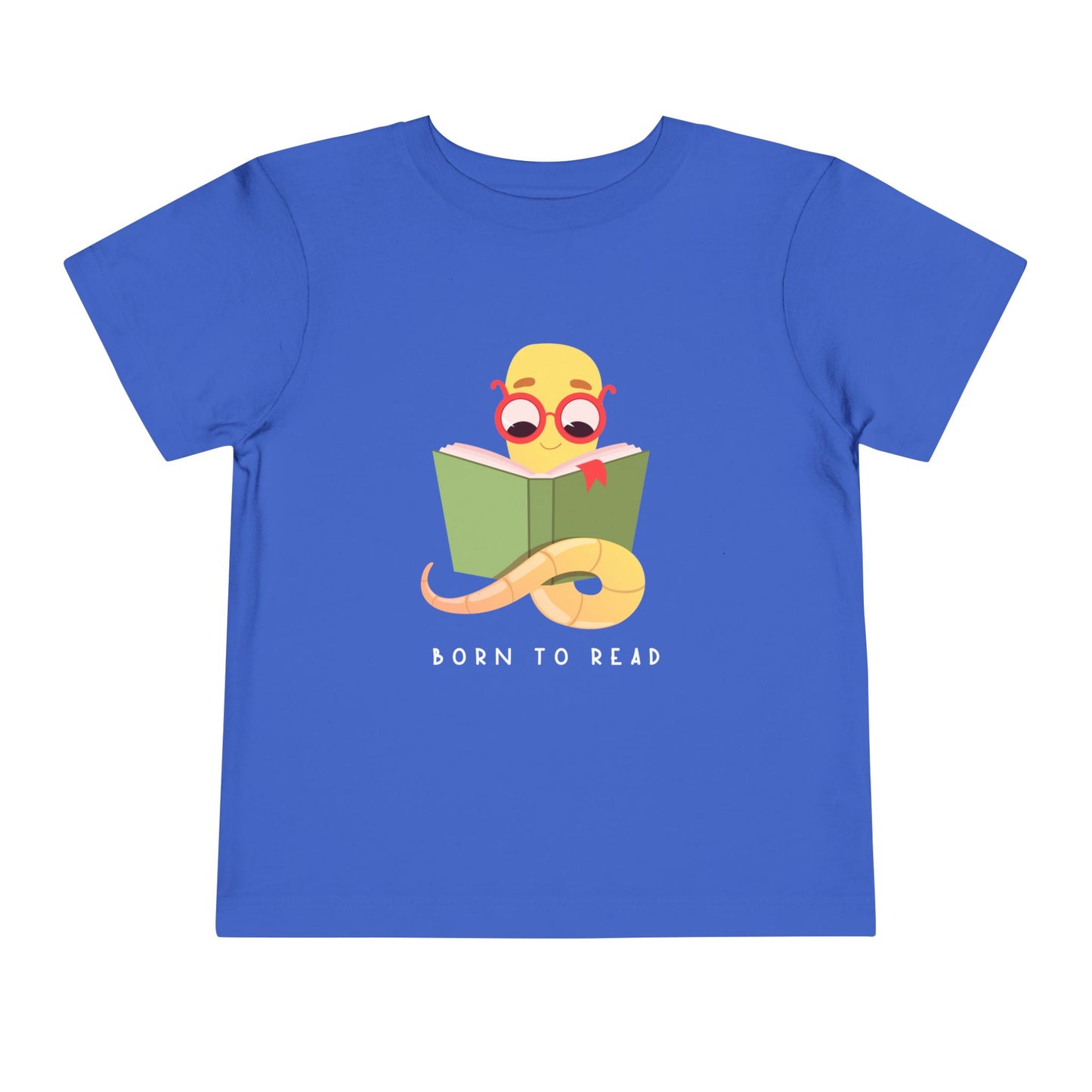 Blue toddler t-shirt with a book worm reading a book and 'Born to Read' text 