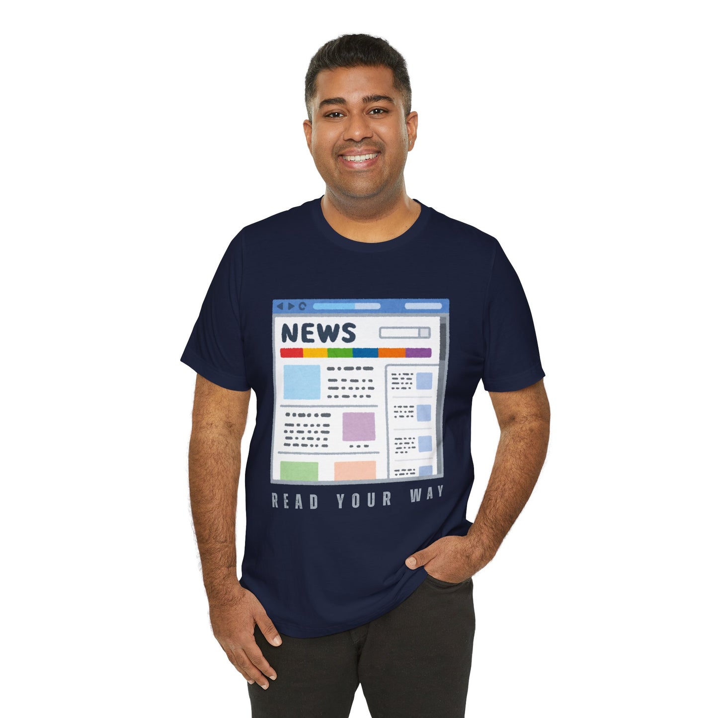 Man wearing a navy blue t-shirt with a graphic of a news website and text 'Read Your Way' 