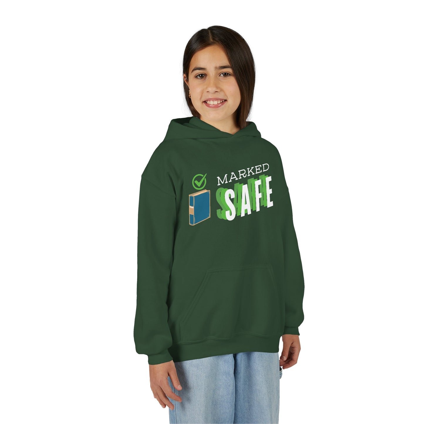 Girl wearing a dark green hoodie with 'Marked Safe' text and a book graphic 