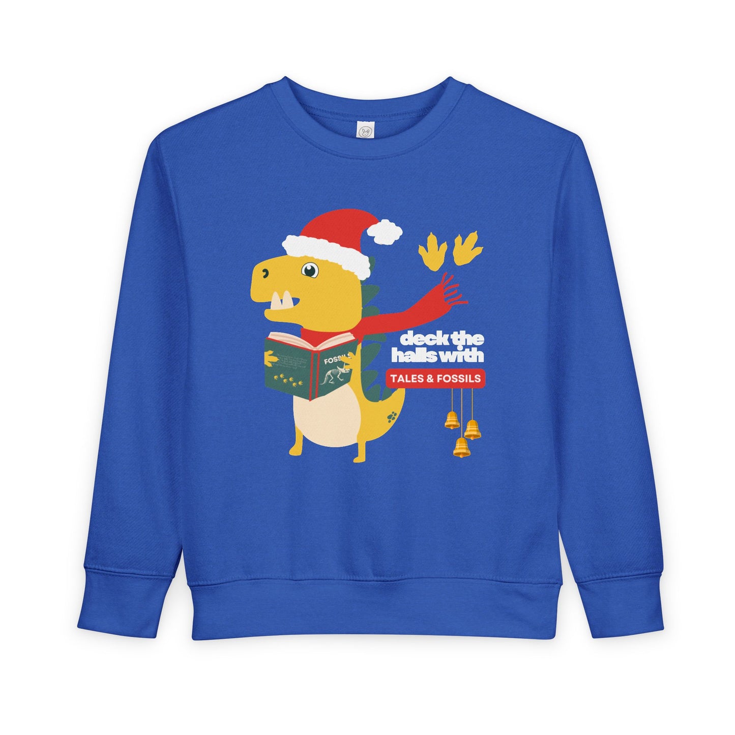Blue toddler sweatshirt with a dinosaur wearing a Santa hat, reading a book, and text 'deck the halls with tales & fossils' 