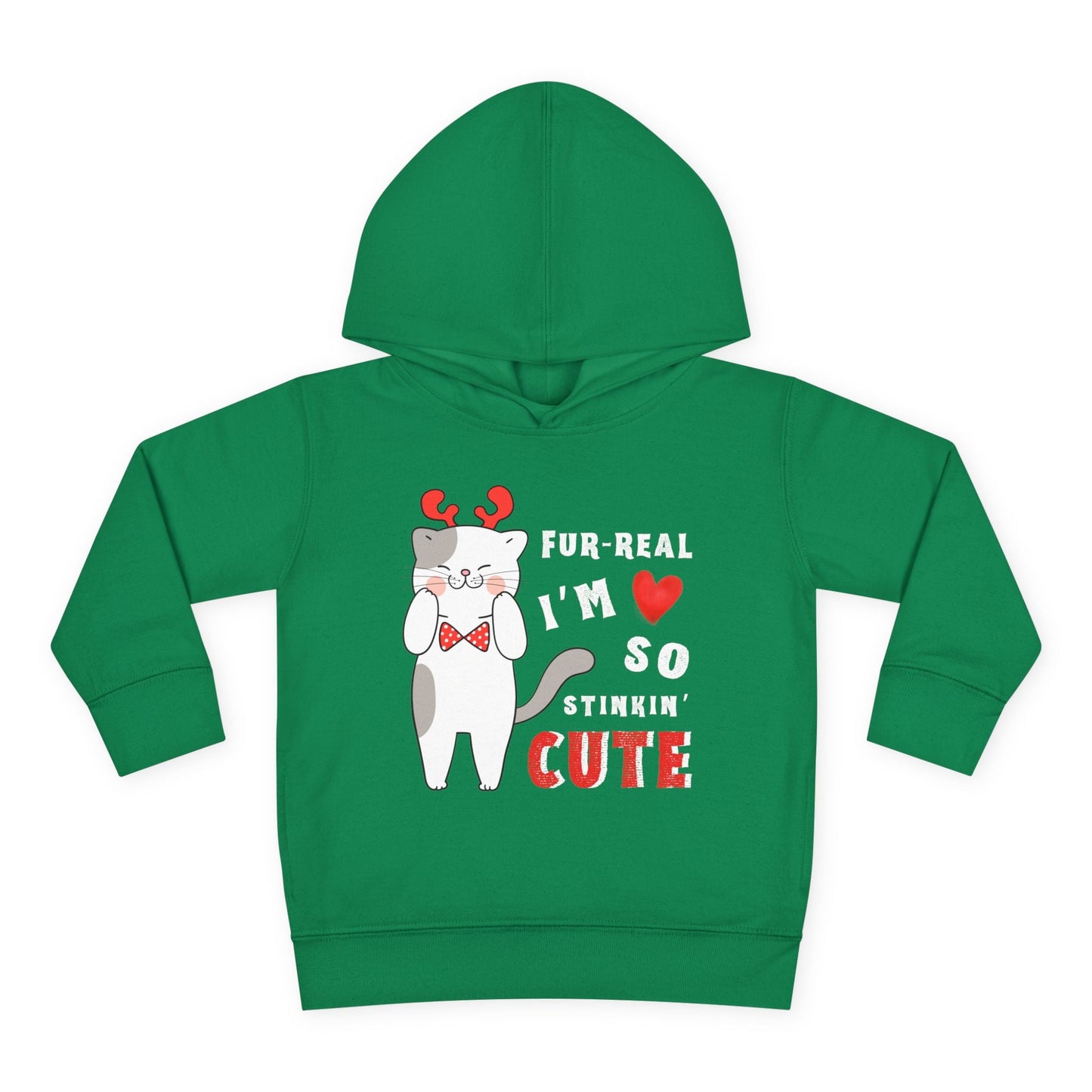 Green toddler hoodie with a gray and white cat wearing red reindeer antlers and a bow tie, text 'FUR-REAL I'M SO STINKIN' CUTE' 