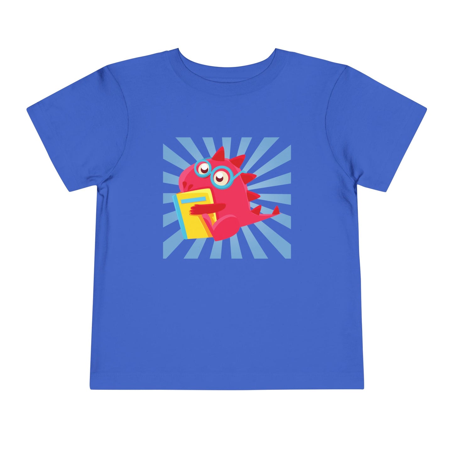 Blue t-shirt with a colorful cartoon dragon hugging a book and a blue energy burst background 